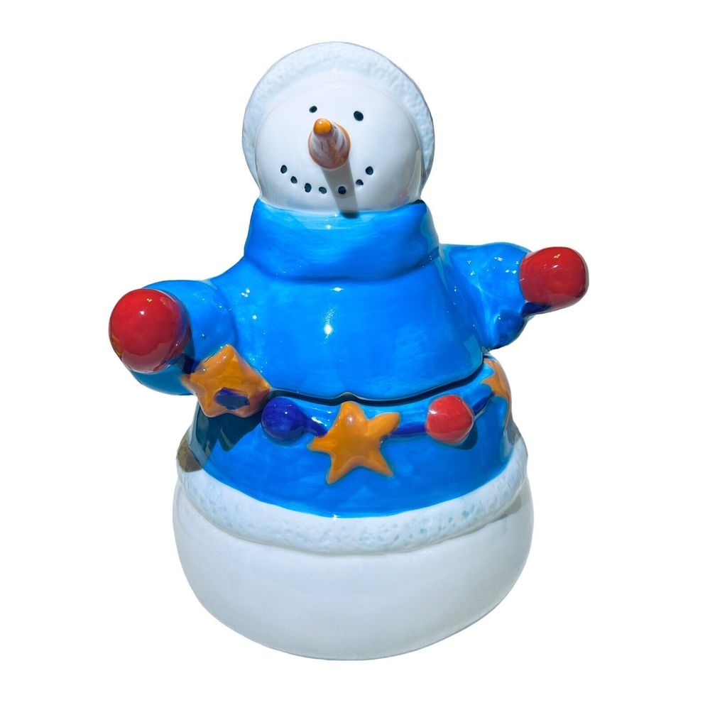 VTG Homespun Holiday Collection Winter Christmas Snowman 10” Cookie Jar w/Box‎